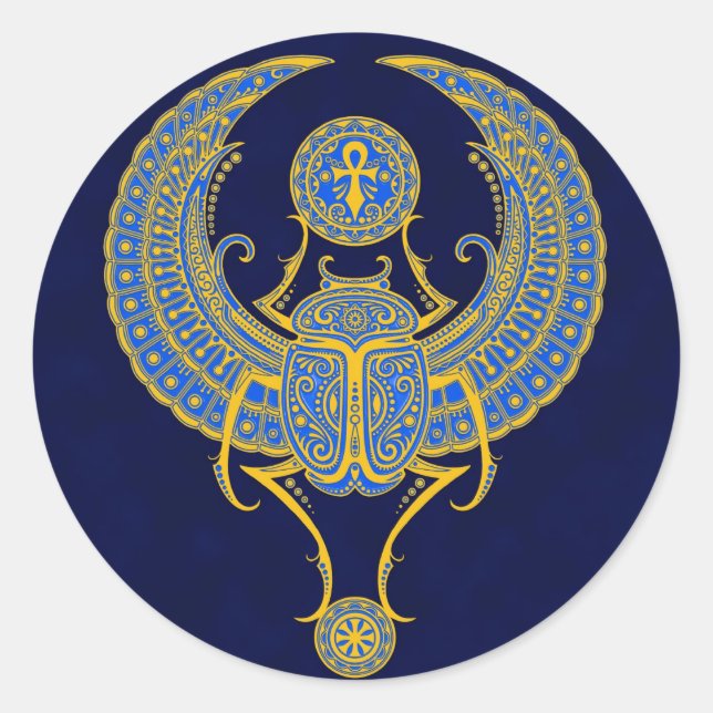 Egyptian Winged Scarab, Blue Classic Round Sticker (Front)