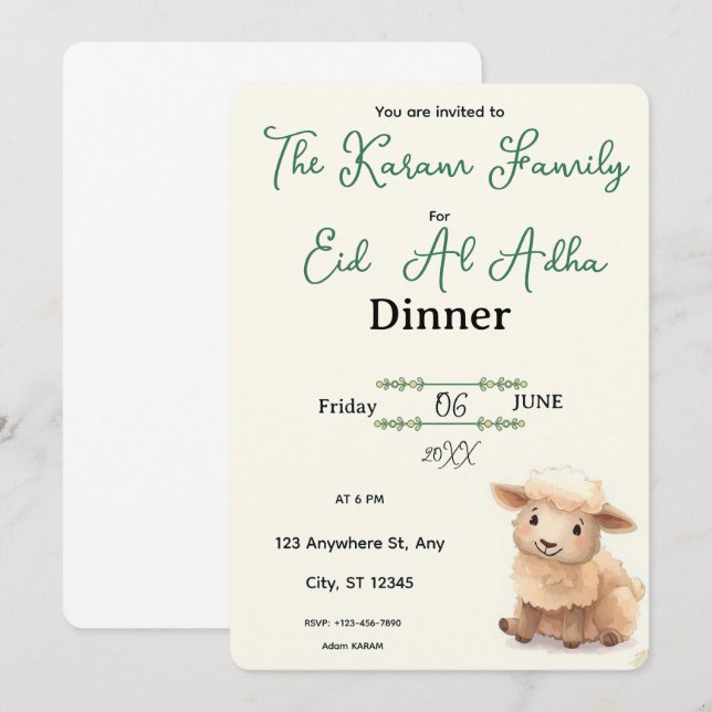 Eid  Al Adha Beige Cute Sheep Party Invitation (Front/Back)