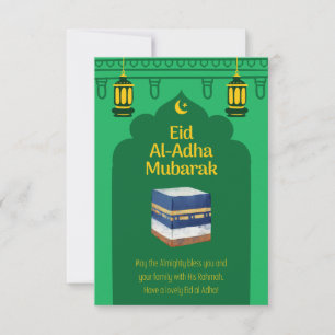 Eid Al-Adha Mubarak Card in Green and Ka'bah Image
