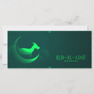 Eid al Adha Mubarak Goat Crescent Green Pattern Card