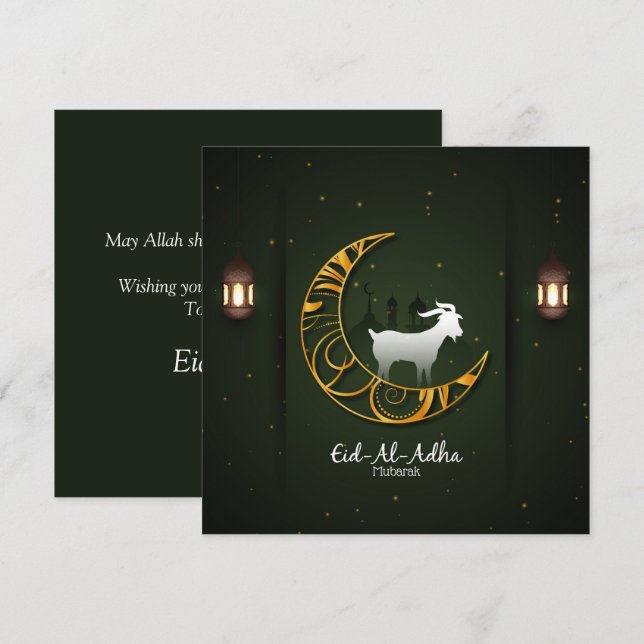 Eid Al Adha Mubarak Golden Crescent Goat Islamic  Holiday Card (Front/Back)