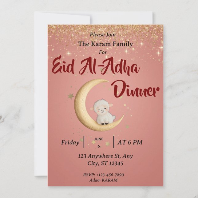 Eid  Al Adha Mubarak Pink Modern Invitation (Front)