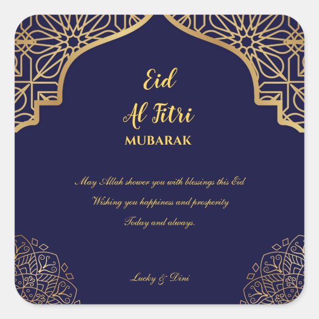 Eid Al Fitri Golden Mandala Navy Blue Holiday Square Sticker (Front)