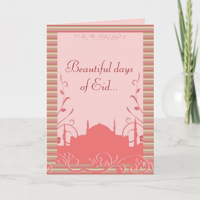 Eid greeting with mosque & flowers - customizable holiday card (Front)
