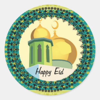 Eid Greetings yellow mosque muslim Classic Round Sticker