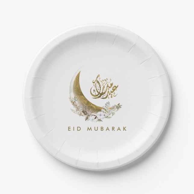 Eid Mubarak | Arabic Calligraphy | Gold Moon Paper Plate (Front)