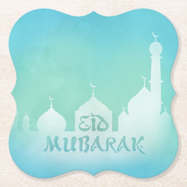 Eid Mubarak Blue Watercolor Mosque - Paper Coaster (Front)