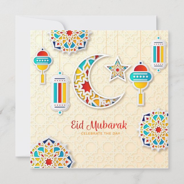 Eid Mubarak Colourful Crescent Holiday Card (Front)