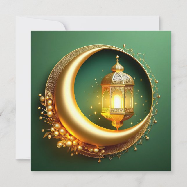 Eid Mubarak Crescent Gold Pearl Green Holiday Card (Front)