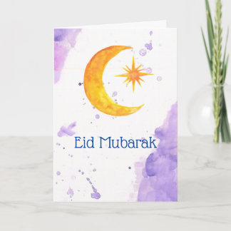 Eid Mubarak Crescent Moon and Star Watercolor Card