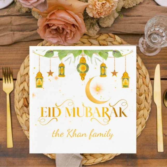 Eid Mubarak Custom Gold White Lanterns + Moon Napkin (Elegant gold + white "Eid Mubarak" custom napkins for your special Eid celebration!)