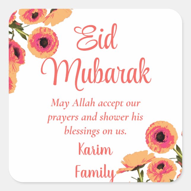 Eid Mubarak Custom Islam Home Decor Floral Dua  Square Sticker (Front)