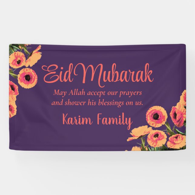 Eid Mubarak Custom Islam Home Decor Floral Purple Banner (Horizontal)