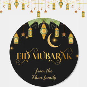 Eid Mubarak Custom Name Elegant Modern Black Gold  Classic Round Sticker