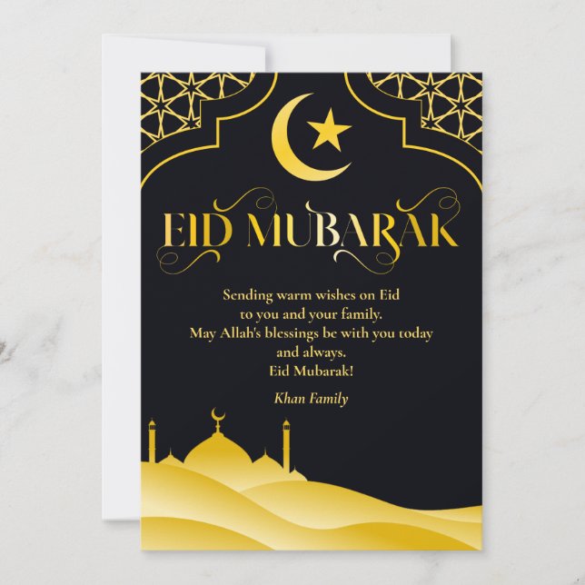 Eid Mubarak Custom Name Elegant Modern Black Gold Holiday Card (Front)