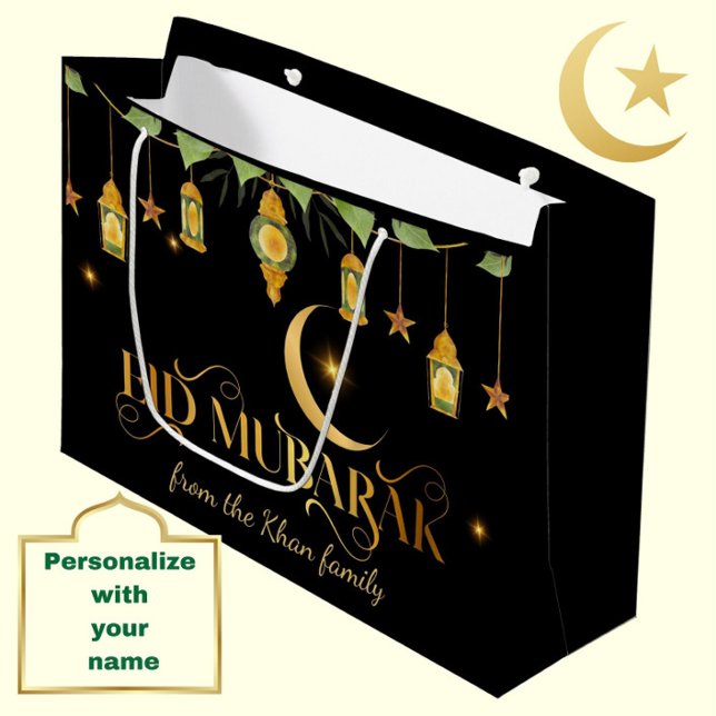 Eid Mubarak Custom Name Elegant Moon Black Gold Large Gift Bag (Personalize this modern, elegant black + gold "Eid Mubarak" gift bag for a special touch.)