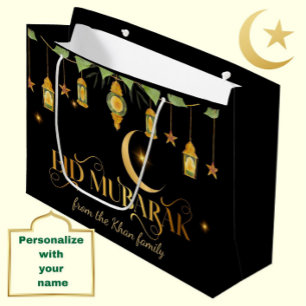 Eid Mubarak Custom Name Elegant Moon Gold Black Large Gift Bag