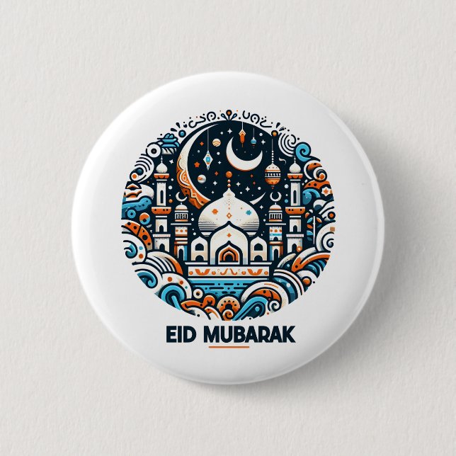 Eid Mubarak Decorated Crescent Colourful Mosque Ar 2 Inch Round Button (Front)