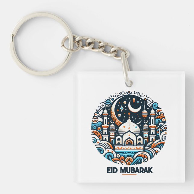 Eid Mubarak Decorated Crescent Colourful Mosque Ar Keychain (Front)