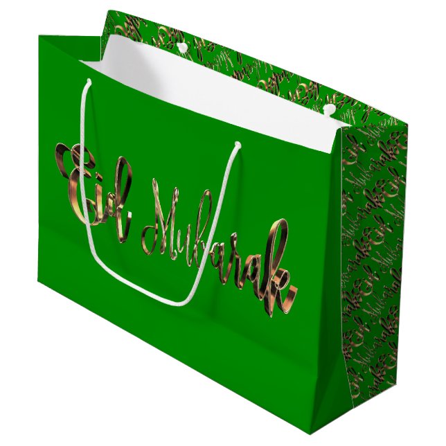 Eid Mubarak Elegant Gold Green Typography Large Gift Bag (Front Angled)
