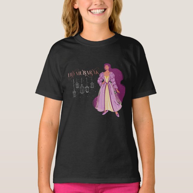 Eid Mubarak Fitr Adha Sparkle Princess Kids Girls T-Shirt (Front)