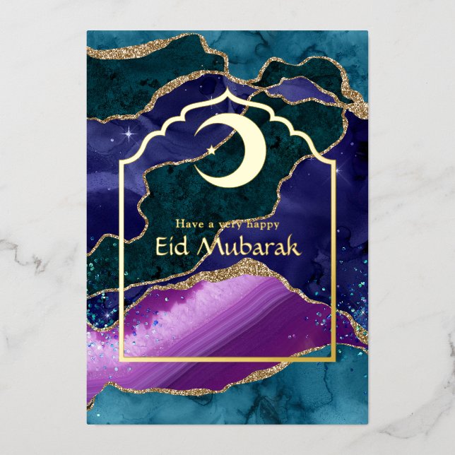 Eid Mubarak Galaxy and Gold Agate Foil Holiday Car (Front)