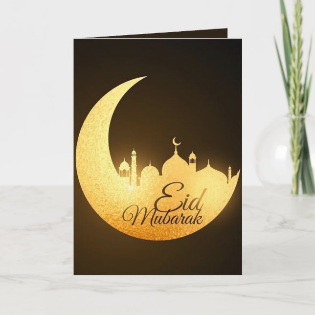 Eid Mubarak Glowing Cresent Mosque Brown Gold Holiday Card (Front)