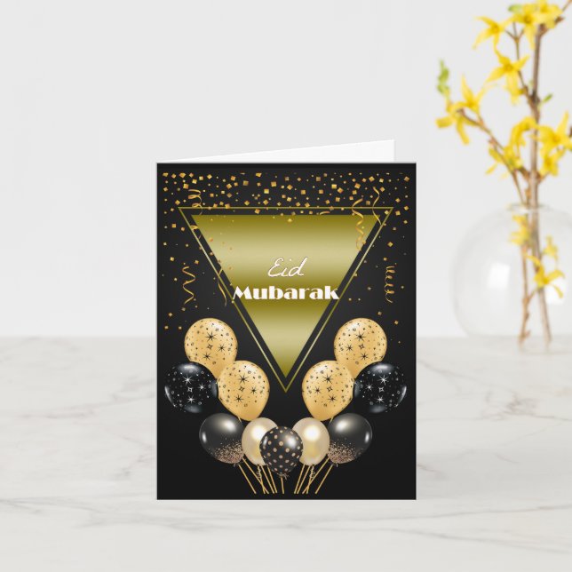 Eid Mubarak Gold and Black Confetti and Balloons  Card (Yellow Flower)
