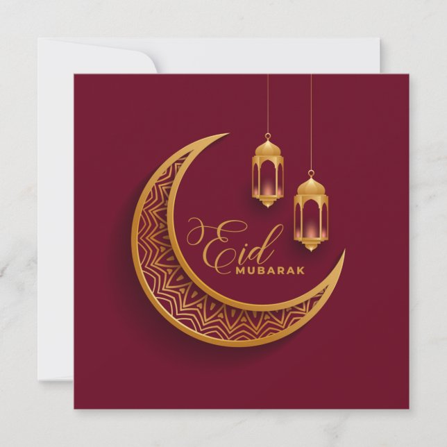 Eid Mubarak Gold Crescent Islamic Lantern Red Holiday Card (Front)