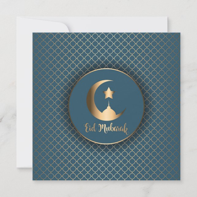 Eid Mubarak Gold Crescent Mosque Star Blue Holiday Card (Front)