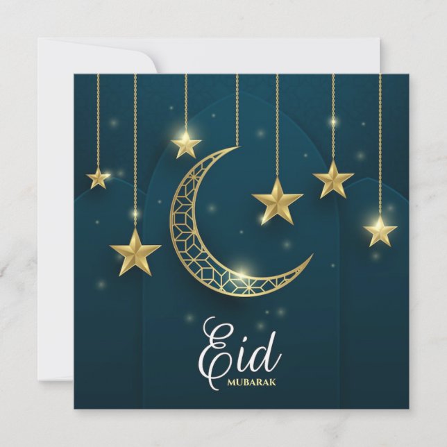 Eid Mubarak Golden moon and stars Holiday Card (Front)
