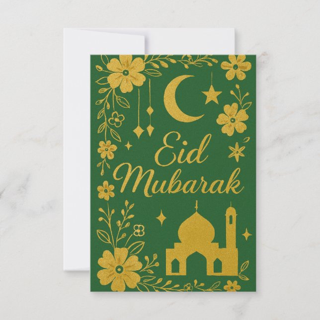 Eid Mubarak - Green and Gold Mosque Flowers Invitation (Front)