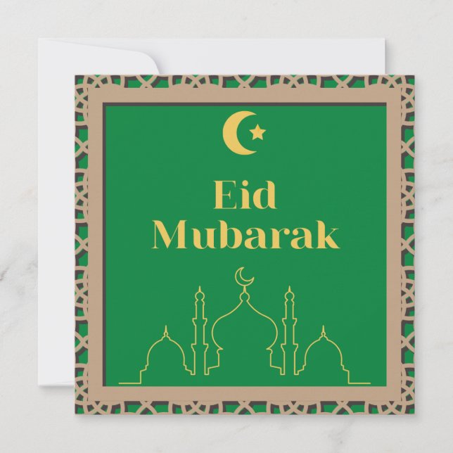 Eid Mubarak Green Background with 3D Effect Frame Invitation (Front)
