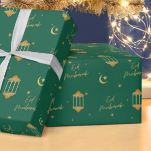 Eid Mubarak Green + Gold Elegant Lanterns + Moon Wrapping Paper