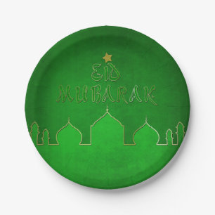 Eid Mubarak Green Gold Mosque Paper Plate