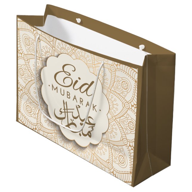 Eid Mubarak | Happy Eid Golden Calligraphy Mandala Large Gift Bag (Front Angled)