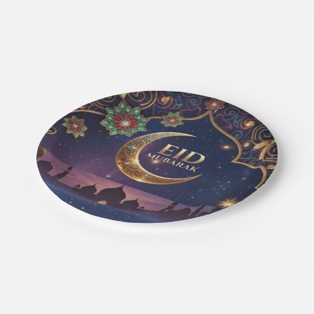 Eid Mubarak Islamic celebration Gold And navy Paper Plate (Angled)