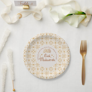 Eid Mubarak Islamic Holiday Elegant White and Gold Paper Plate
