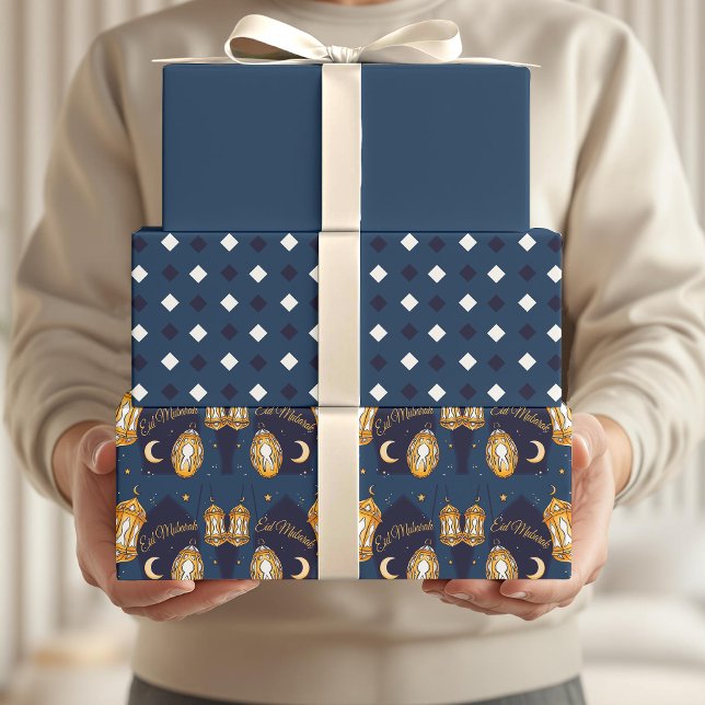 Eid Mubarak Kids Blue Moon Lantern Pattern Quote Wrapping Paper Sheet (Creator Uploaded)