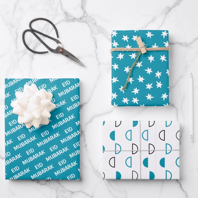 Eid Mubarak Kids Blue Moon Star Pattern Quote Wrapping Paper Sheet (Front)