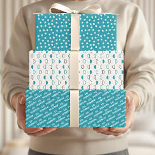 Eid Mubarak Kids Blue Moon Star Pattern Quote Wrapping Paper Sheet