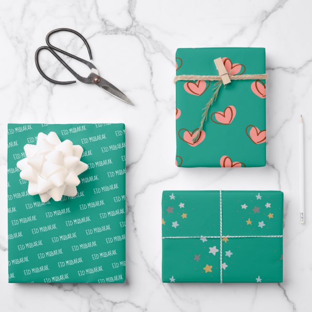 Eid Mubarak Kids Green Star Hearts Pattern Quote Wrapping Paper Sheet (Front)