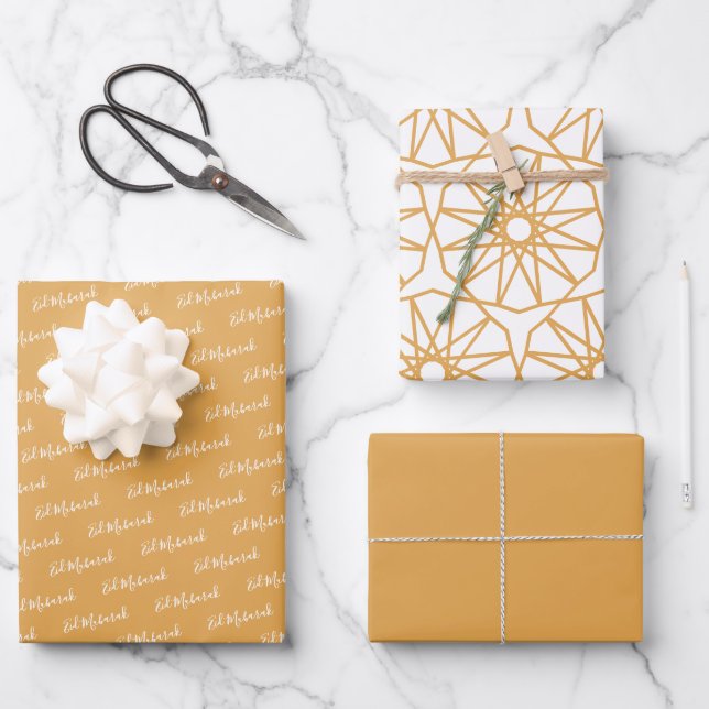 Eid Mubarak Kids Yellow Pattern Quote White Text Wrapping Paper Sheet (Front)