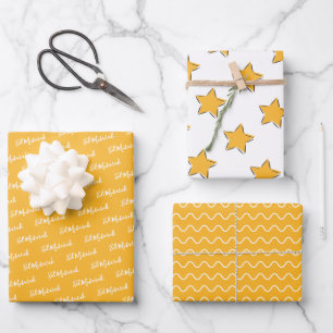 Eid Mubarak Kids Yellow Star Wavy Pattern Quote Wrapping Paper Sheet