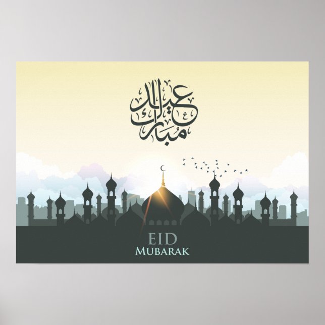 Eid mubarak lettering with mosque and birds poster (Front)