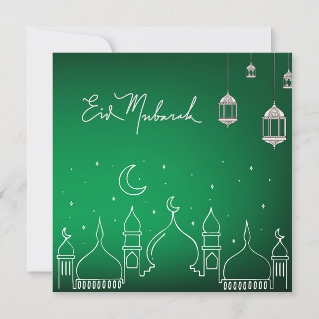 Eid Mubarak Line Art Mosque Holiday Card (Front)