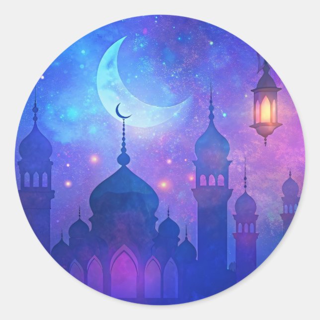 Eid Mubarak Magic Arabian Nights Crescent Colours Classic Round Sticker (Front)