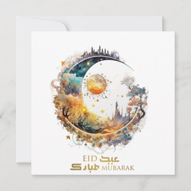 Eid Mubarak Moon and Sun fantasy Greeting Holiday Card (Front)