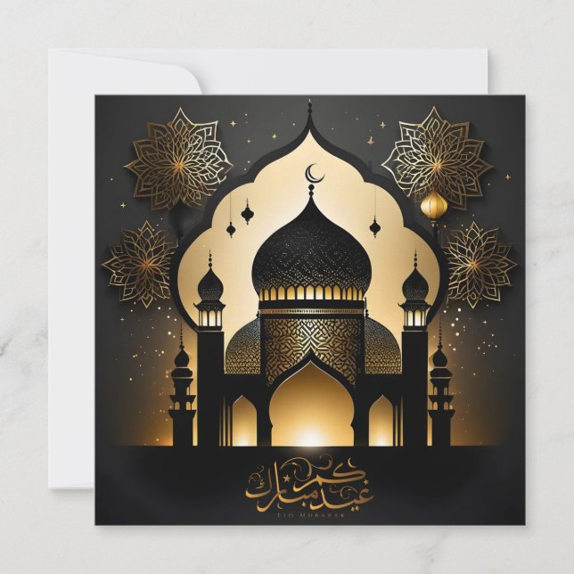 Eid Mubarak Mosque Islamic Pattern Gold Black Holiday Card (Front)