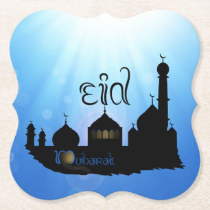 Eid Mubarak Mosque with Typography Paper Coaster
